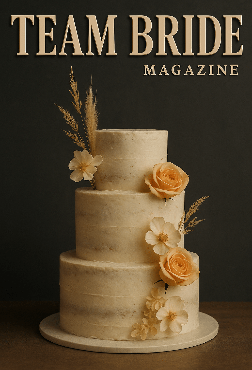 Tarta de tres pisos decorada con rosas y flores secas beige sobre fondo oscuro con texto.