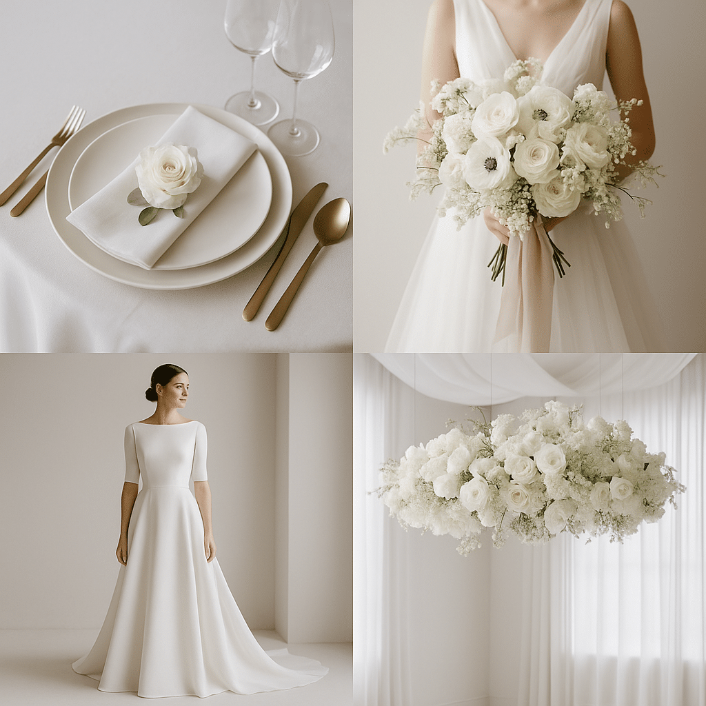 Montaje de boda en tonos blancos con vajilla, ramo, vestido y arreglo floral colgante.