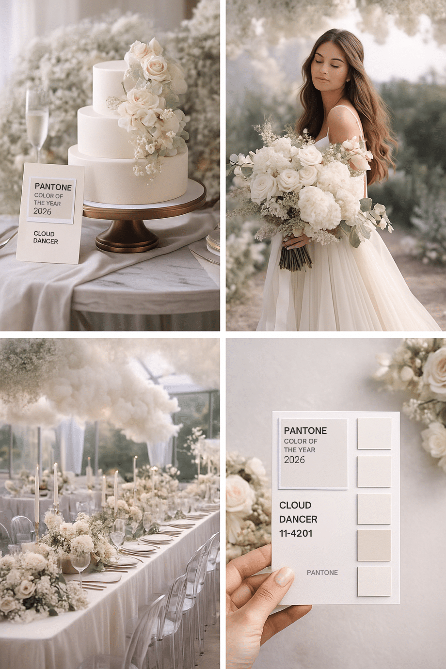 Collage con pastel de boda, novia con ramo blanco, mesa decorada y carta de color Pantone Cloud Dancer.