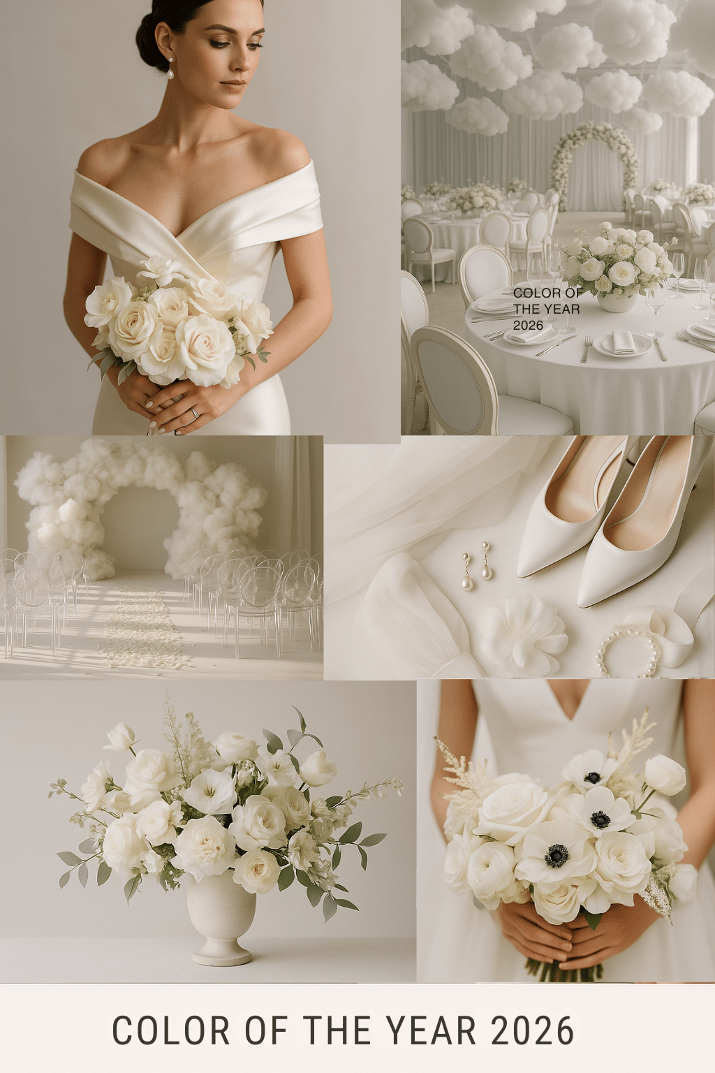 Collage de detalles nupciales en tonos blancos y crema según el color Pantone Cloud Dancer 2026.