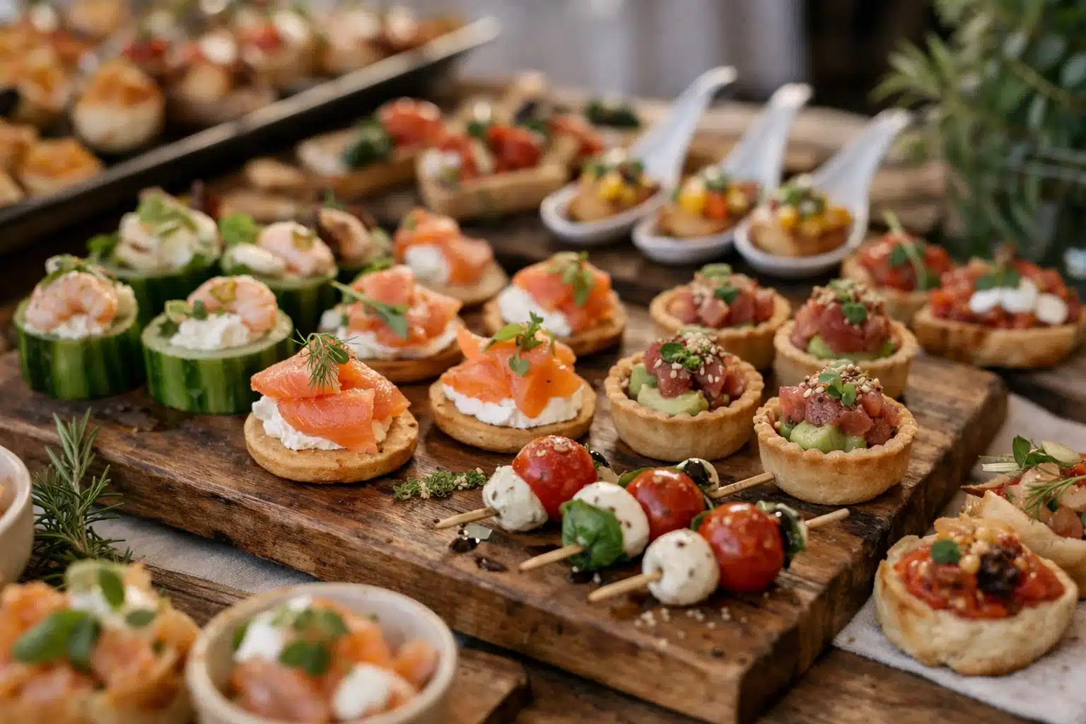 Variedad de canapés y aperitivos en una mesa de dulces para una celebración de boda.