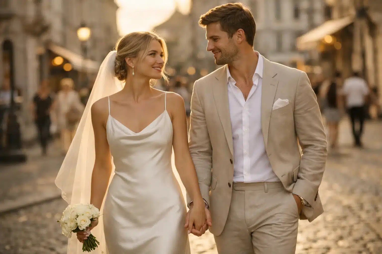 Pareja de novios caminando de la mano por una calle romántica, ella con vestido de novia y ramo de flores.
