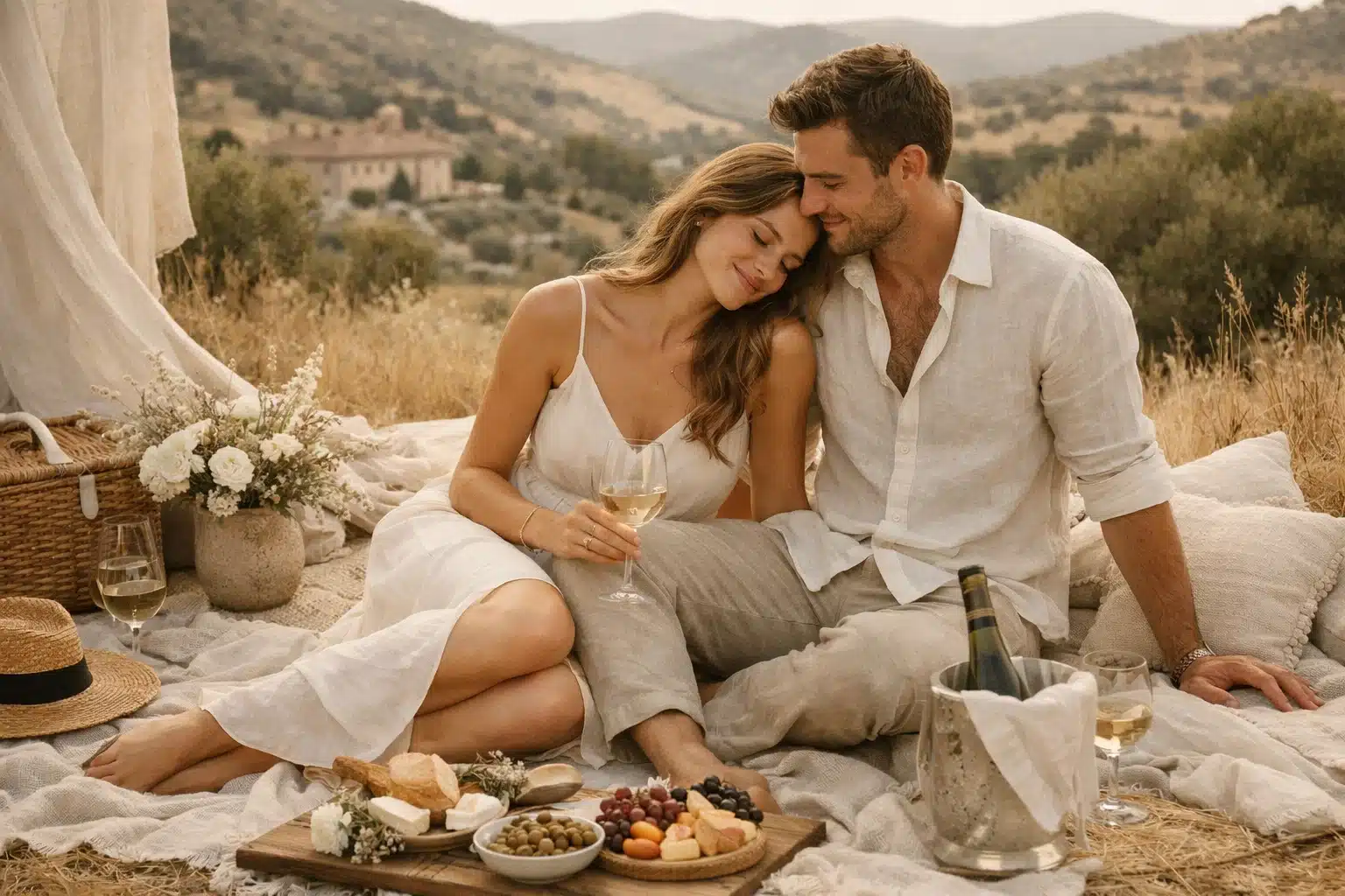 Pareja sentada en un paisaje natural, disfrutando de una comida al aire libre y momentos de intimidad.