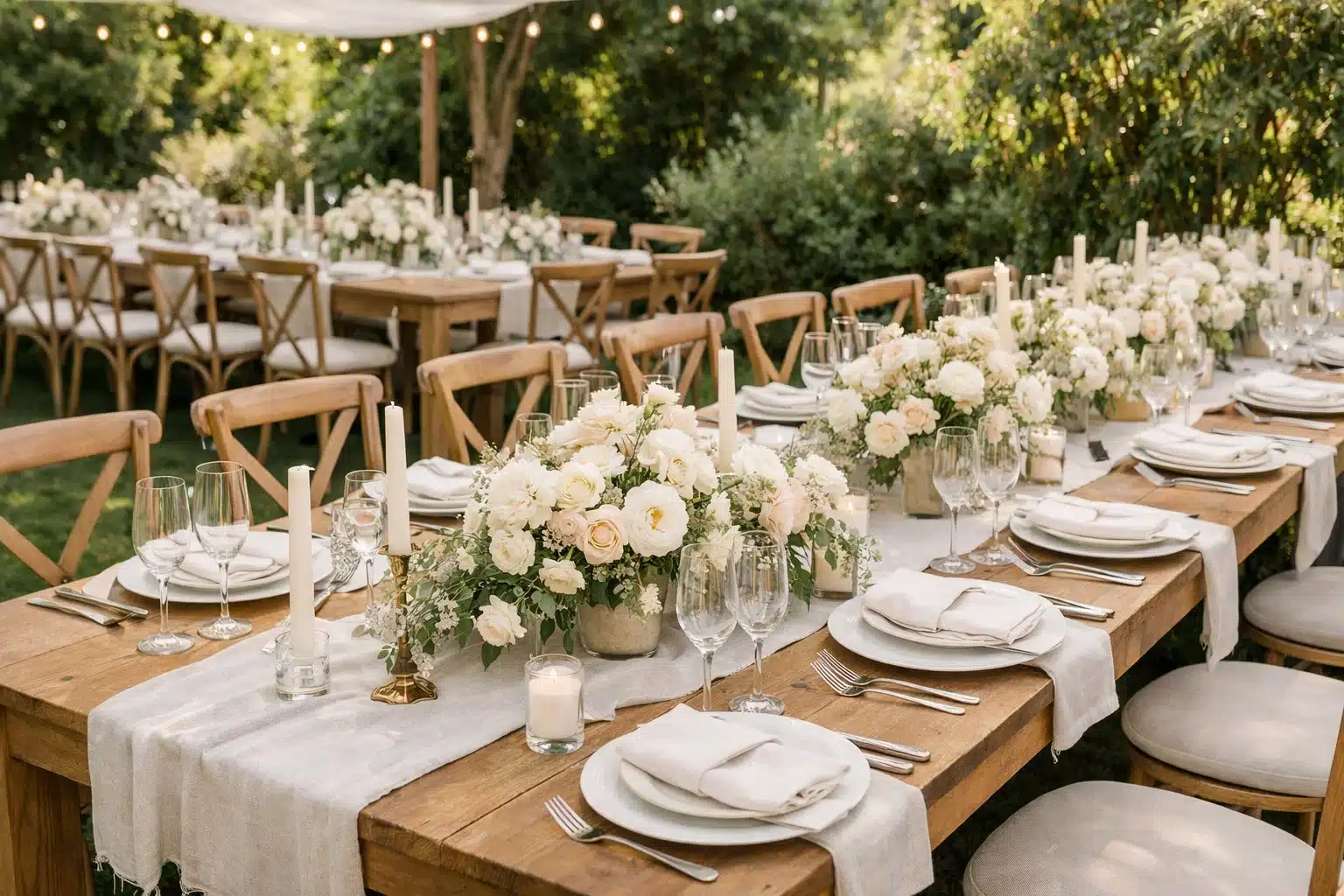 Mesa rústica al aire libre decorada con flores blancas y vajilla elegante para boda.