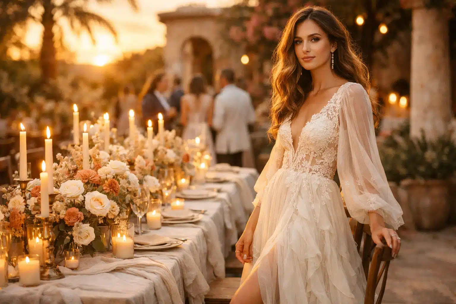 Novia con vestido elegante junto a una mesa decorada con flores y velas al atardecer.