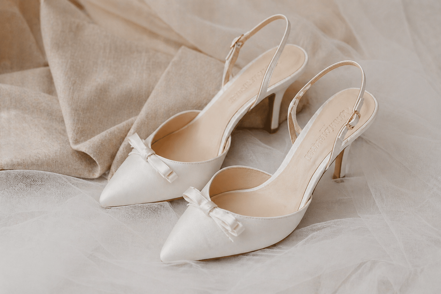 Zapatos de novia de tacón blanco con lazo, sobre una tela suave y elegante.