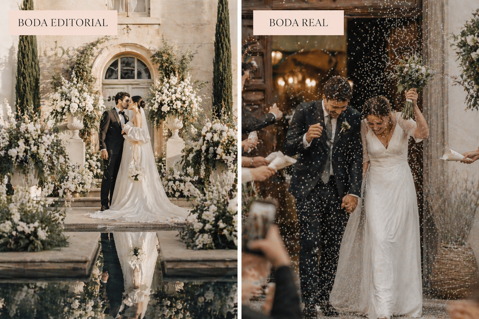 Ceremonia de boda al aire libre con pareja feliz rodeada de flores y decoraciones elegantes.