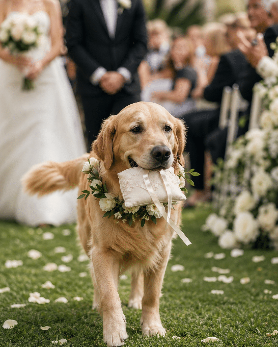 Perro con collar de flores llevando los anillos durante la ceremonia, rodeado de invitados y decoración floral.