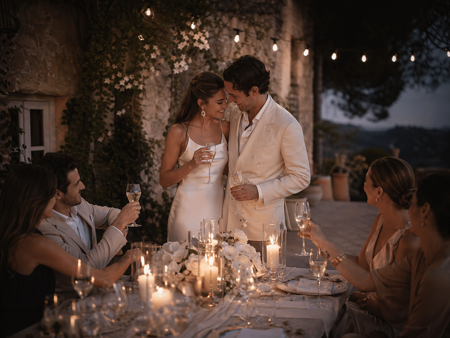 Pareja celebrando su amor en una cena romántica al aire libre, rodeados de amigos y luces cálidas.