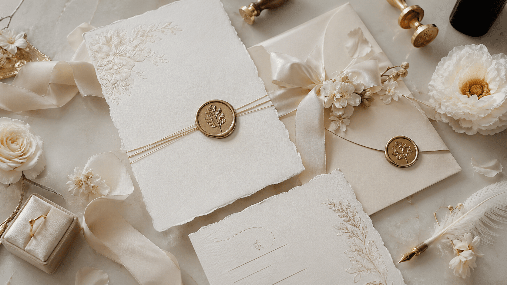 Invitaciones de boda elegantes con sello de cera y detalles florales en tonos crema y beige.