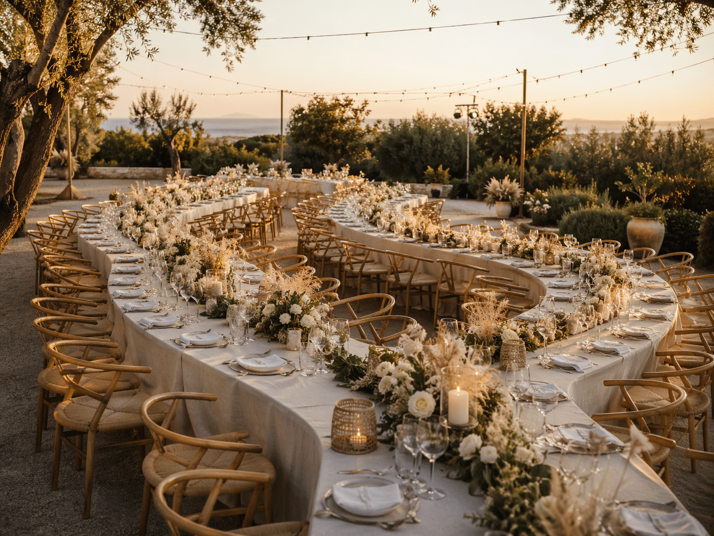 Mesa en forma de serpentina decorada con flores blancas y luces cálidas al atardecer en un evento al aire libre.