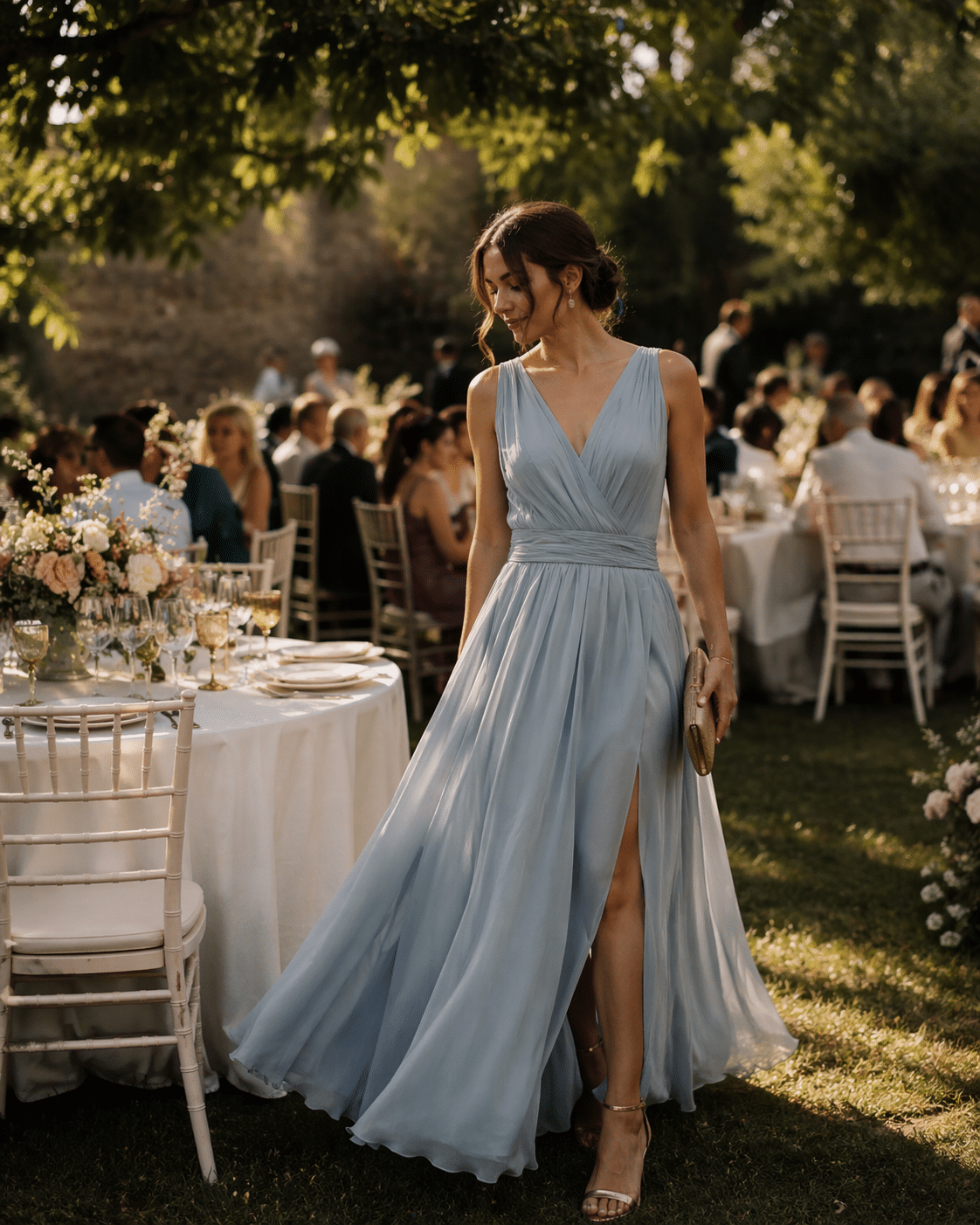 Invitada con vestido azul claro, caminando entre mesas decoradas en un jardín durante la celebración de una boda.