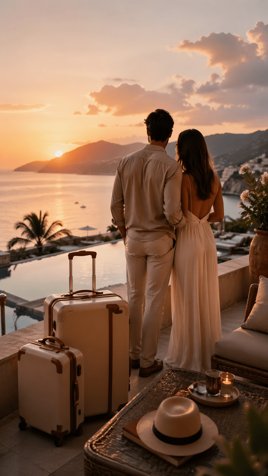 Pareja contemplando el atardecer junto a una piscina, con maletas de viaje a su lado.