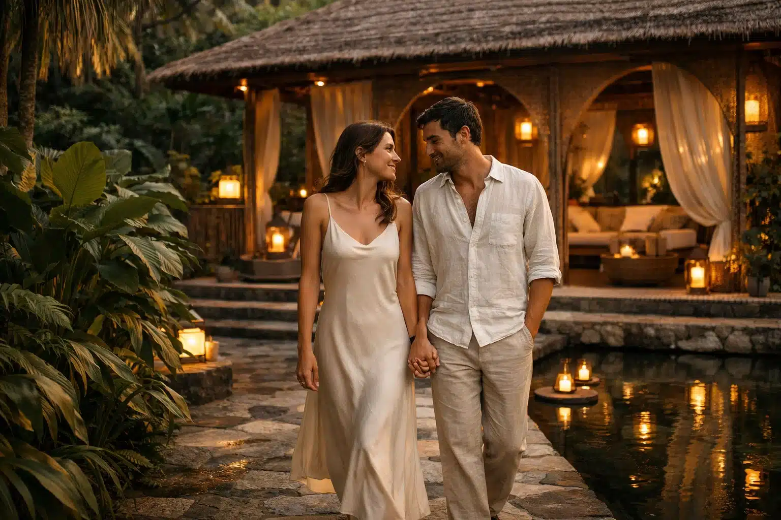 Pareja caminando de la mano por un sendero iluminado, rodeados de vegetación y un ambiente romántico.