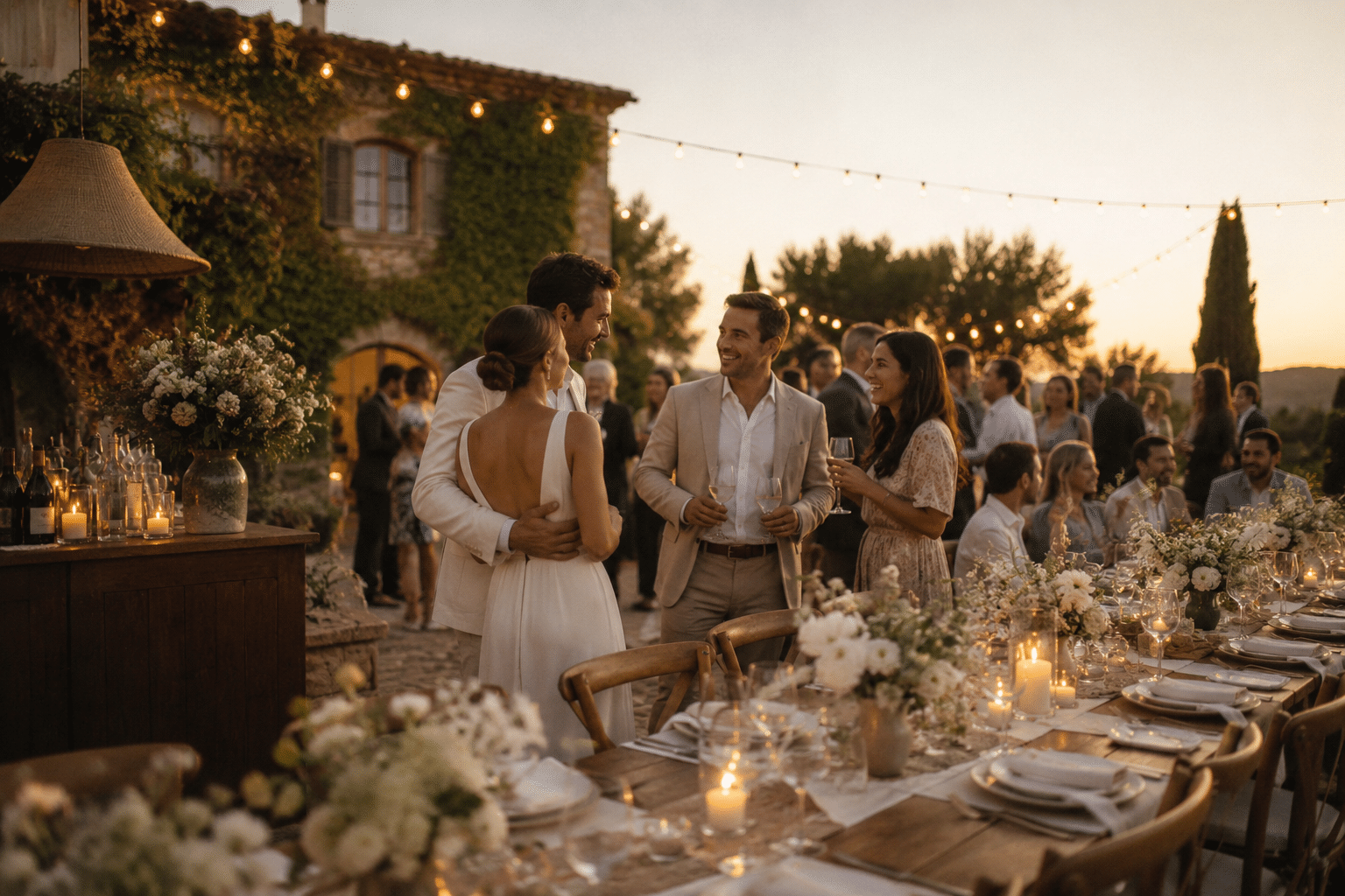 Invitados conversando en una cena al aire libre decorada con luces y flores al atardecer.