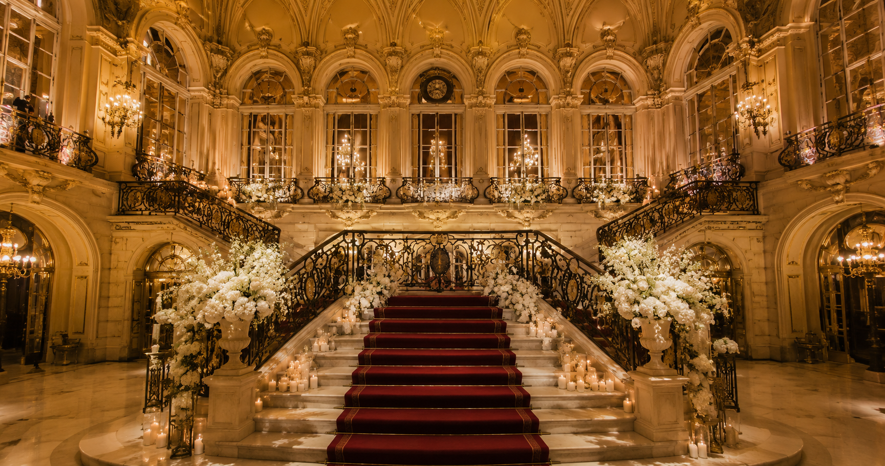 34816e1c-5ef4-4038-84a9-a076c2b935c1 Escalera majestuosa decorada con flores blancas y luces cálidas, ideal para una ceremonia de boda.