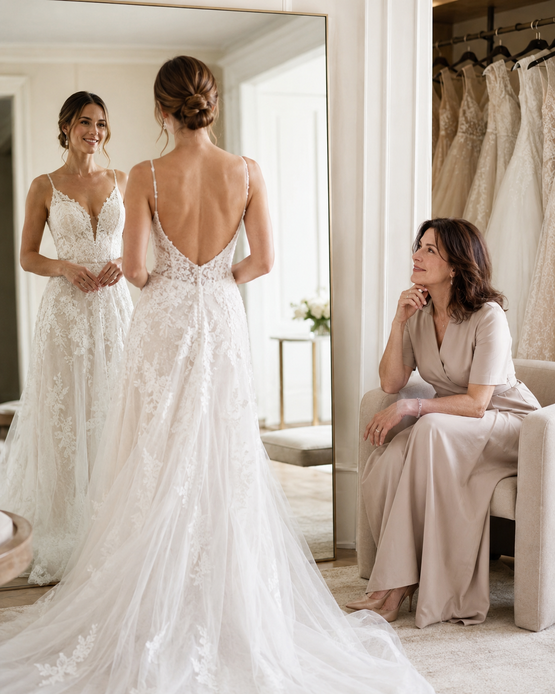 6fa7699e-eee5-4579-9397-546e032417ef Novia probándose un vestido de encaje mientras su acompañante la observa en un ambiente elegante.