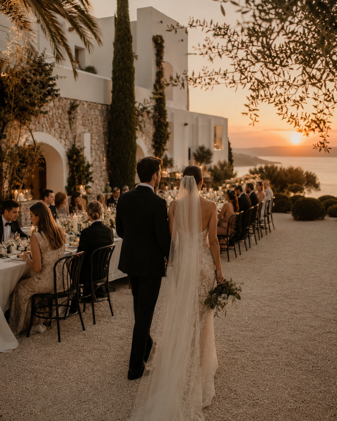 709cc0b5-47d3-4e79-97f4-fea369b98d2c Pareja caminando hacia la mesa de invitados al atardecer, rodeados de una elegante decoración.