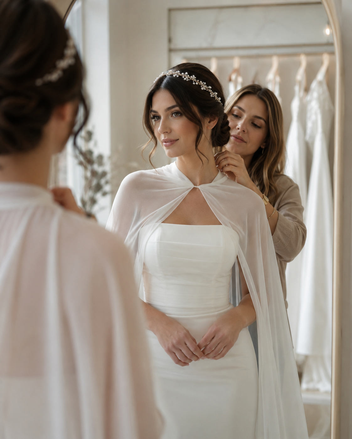 Novia con capa blanca mientras una asistente ajusta su peinado en un ambiente elegante y luminoso.