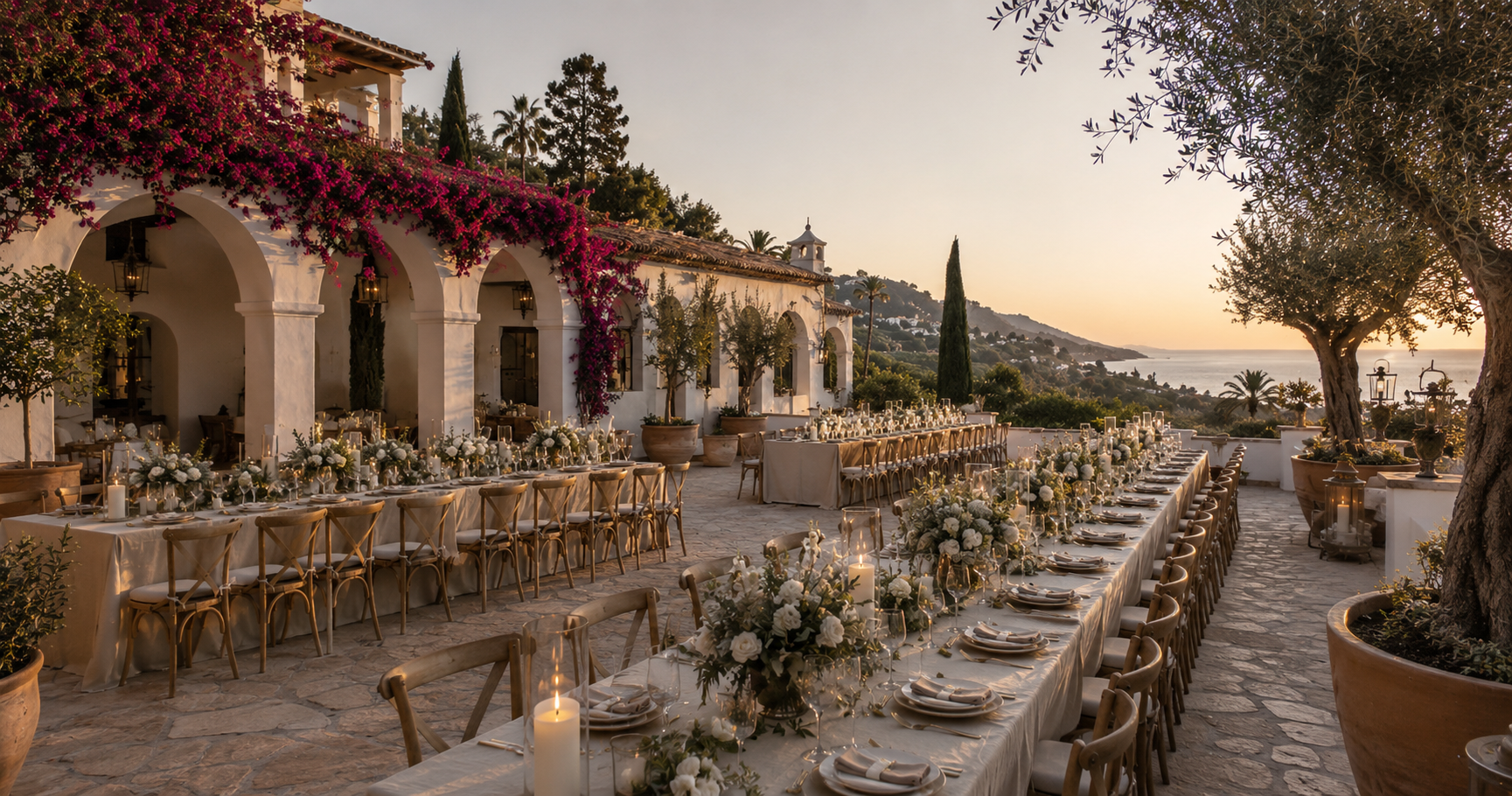 7a8f2eb7-c28e-442d-99d1-7a911ce41048 Decoración de boda en un espacio al aire libre, con mesas elegantemente dispuestas y flores blancas.