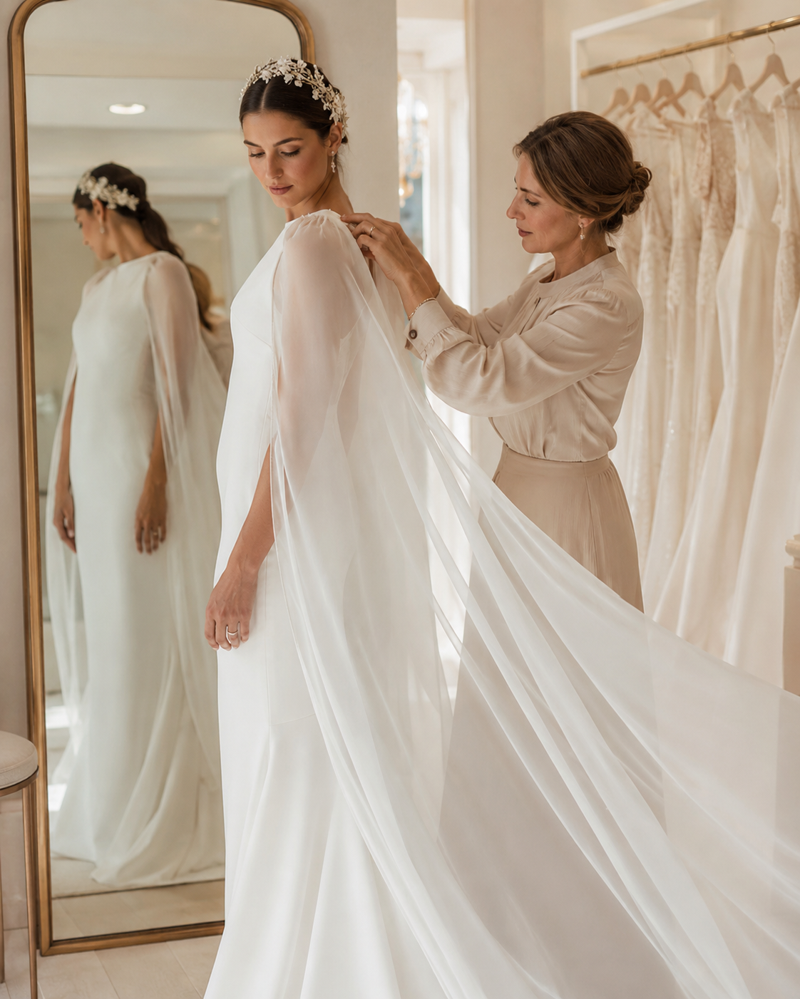 886bd8a2-bd4a-4f8e-a03f-4b5b7f009597 Asistente ajustando la capa de un vestido de novia mientras la novia se mira en el espejo.