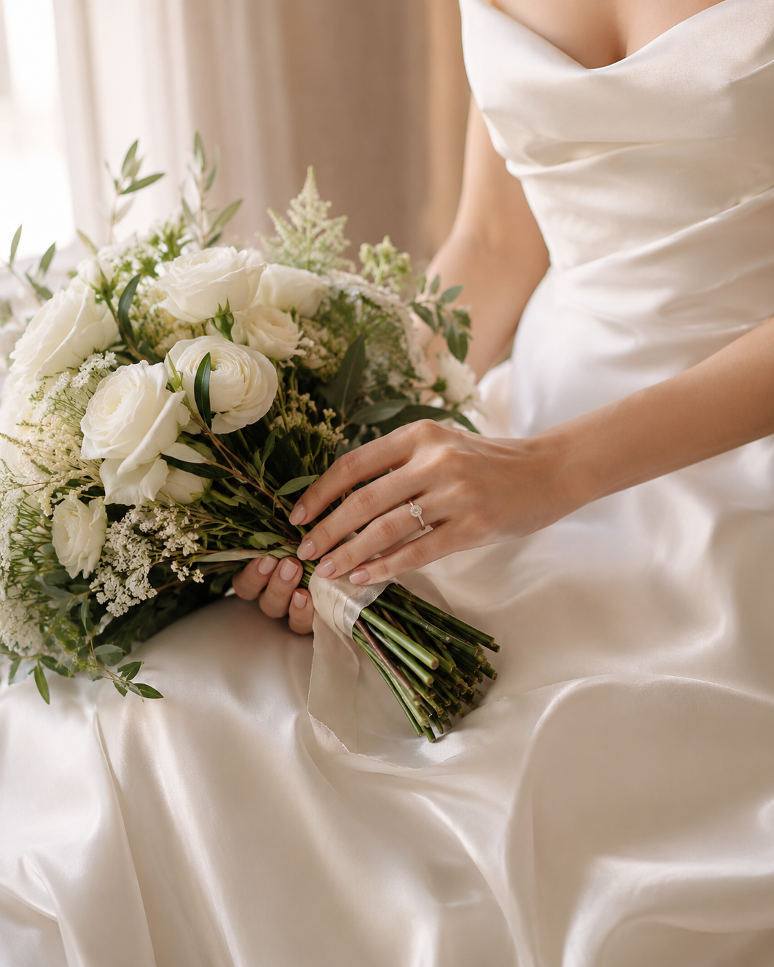 89f59252-0f56-4c70-9664-8d072d8dab17 Novia sosteniendo un ramo de rosas blancas mientras viste un elegante vestido de satén.