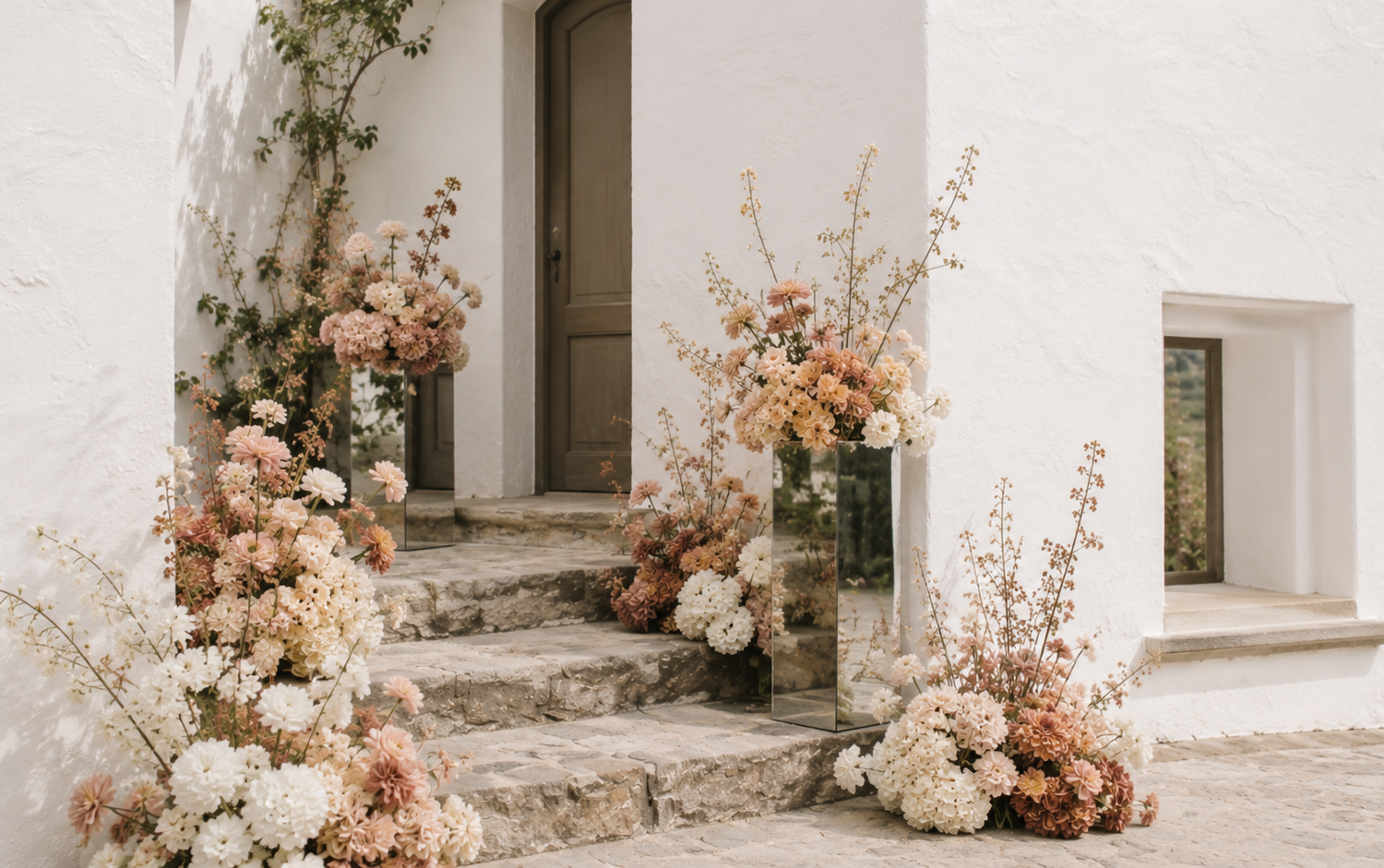 8b6634bb-8410-4c97-8213-8e7a722238f2 Escalera decorada con arreglos florales en tonos suaves, creando un ambiente romántico para bodas.