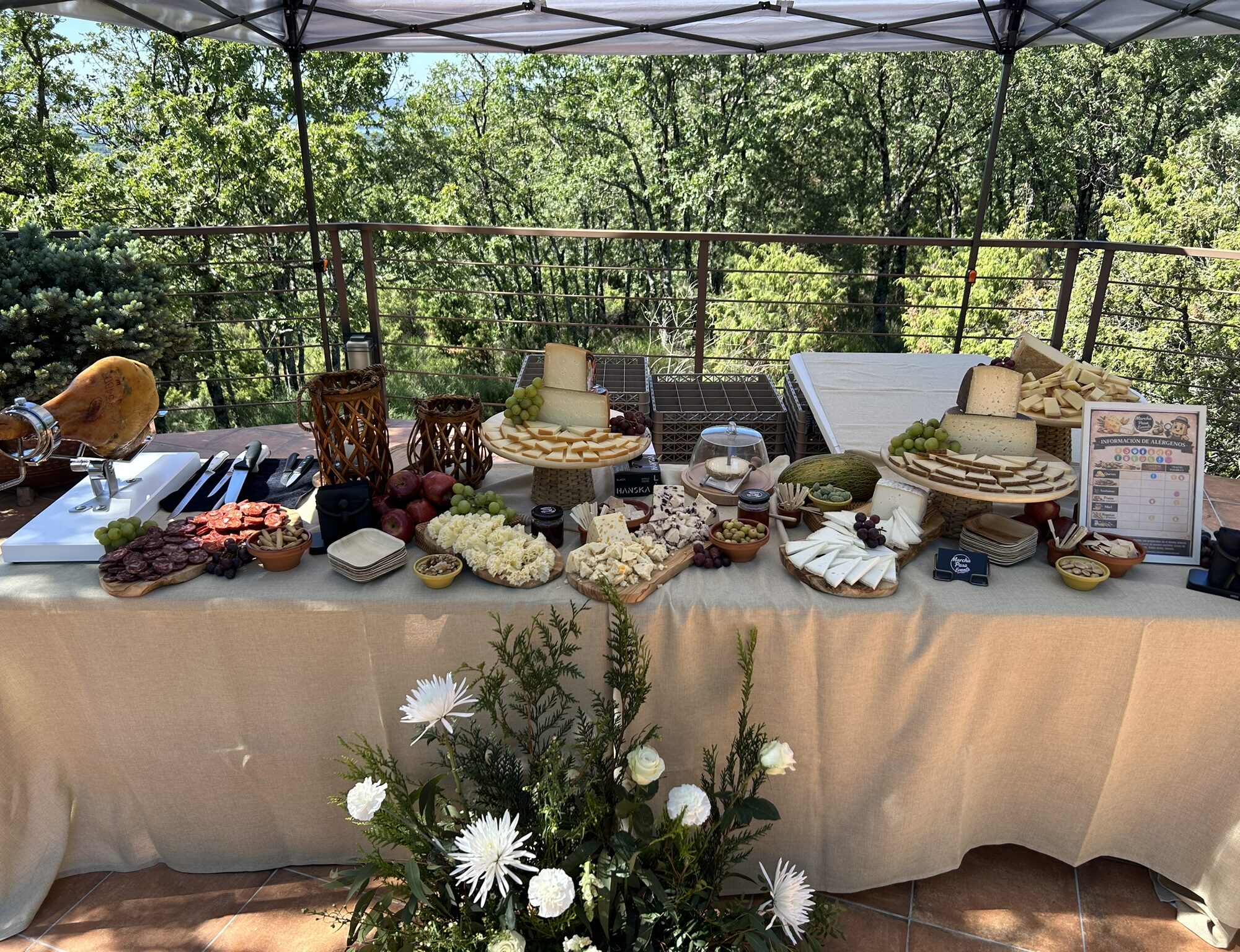 Imagen Cabecera - Página Marcha Pasa Events Mesa al aire libre con variedad de quesos, embutidos y decoración floral para evento.
