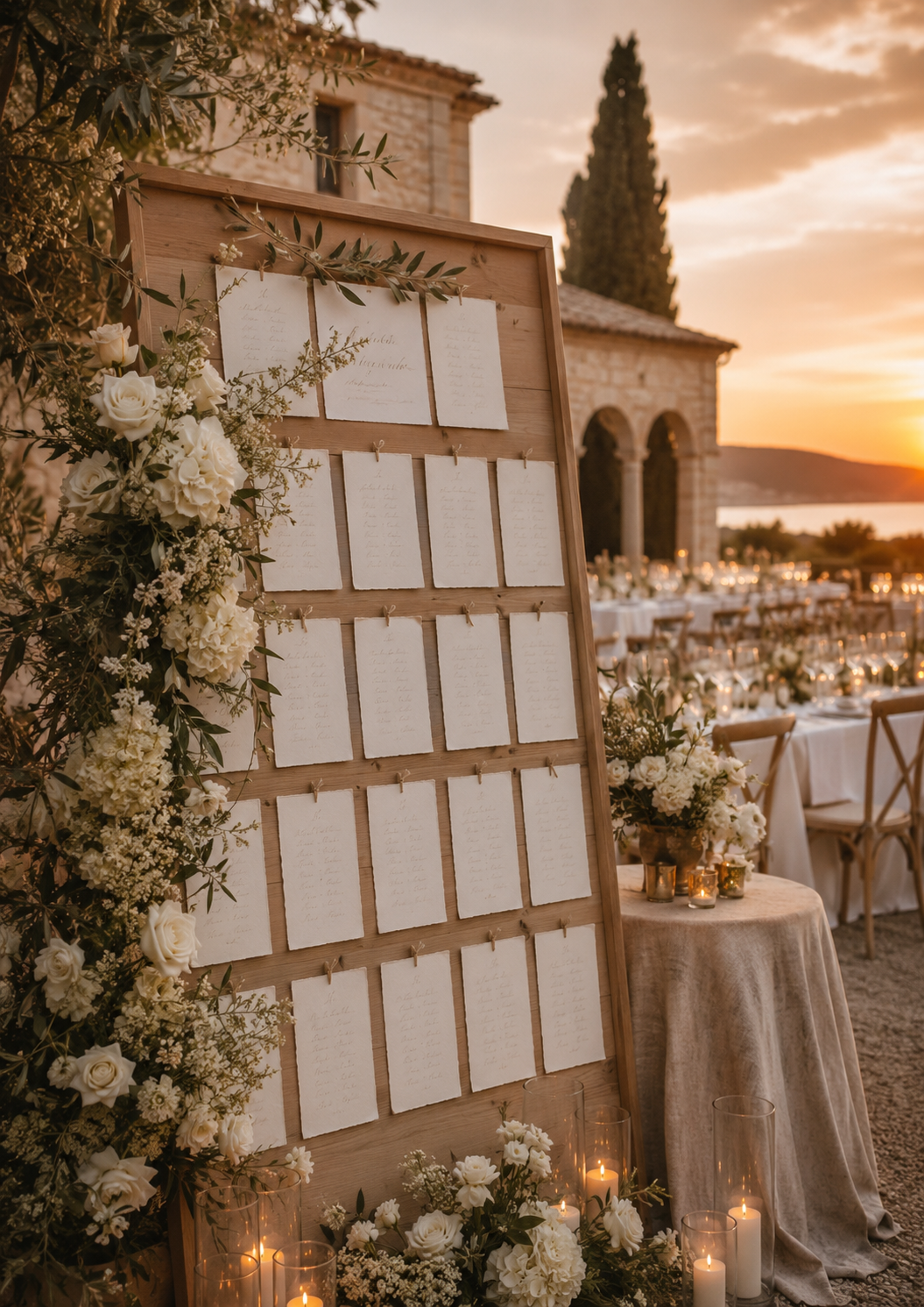 a29649c4-d9ad-4af2-9743-4d5edbf27087 Mesa de organización de invitados decorada con flores, al fondo un paisaje al atardecer.