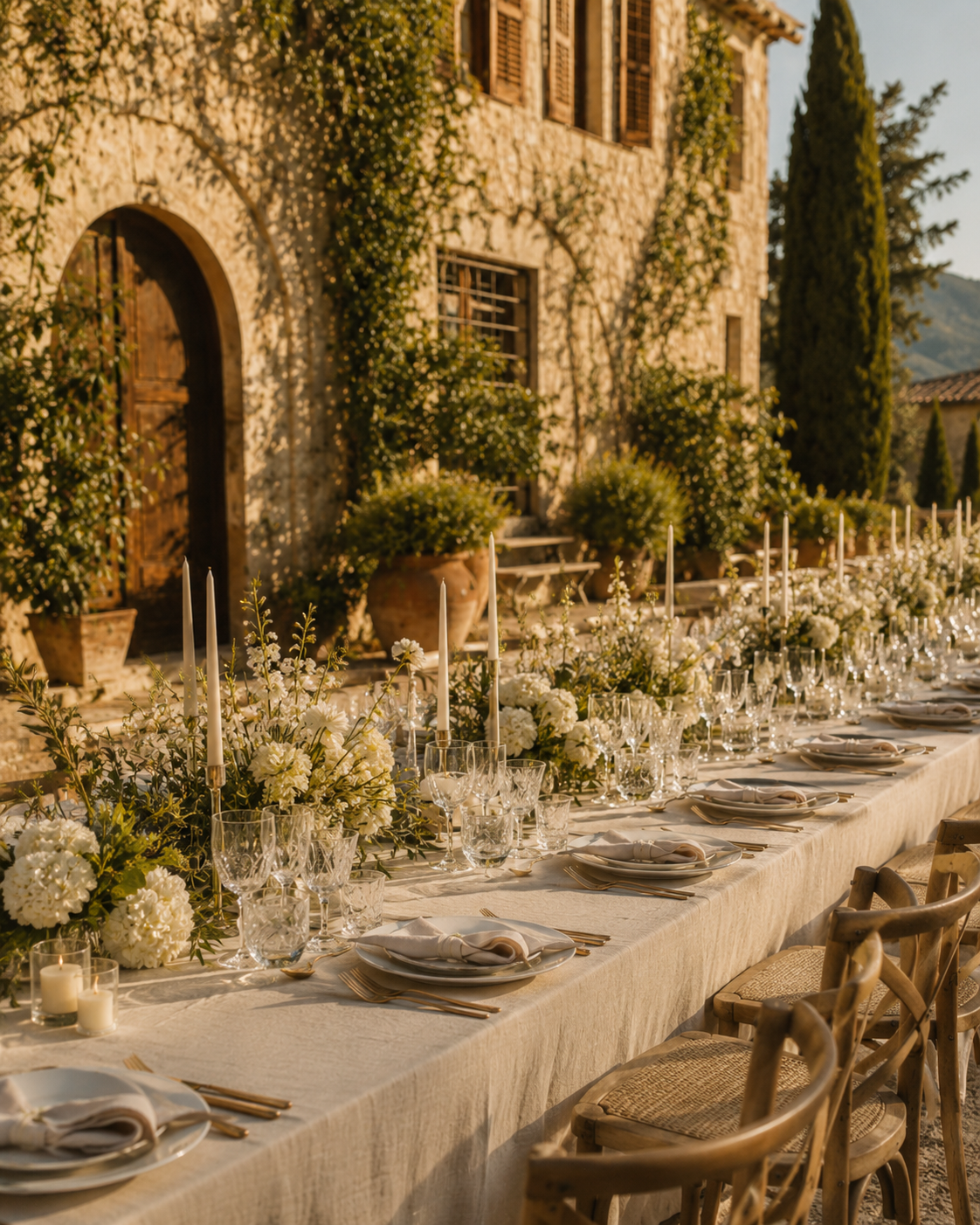 a454bb10-b97f-4be0-a250-877b85b8ddb6 Mesa larga decorada con flores blancas y velas, lista para una celebración al aire libre.