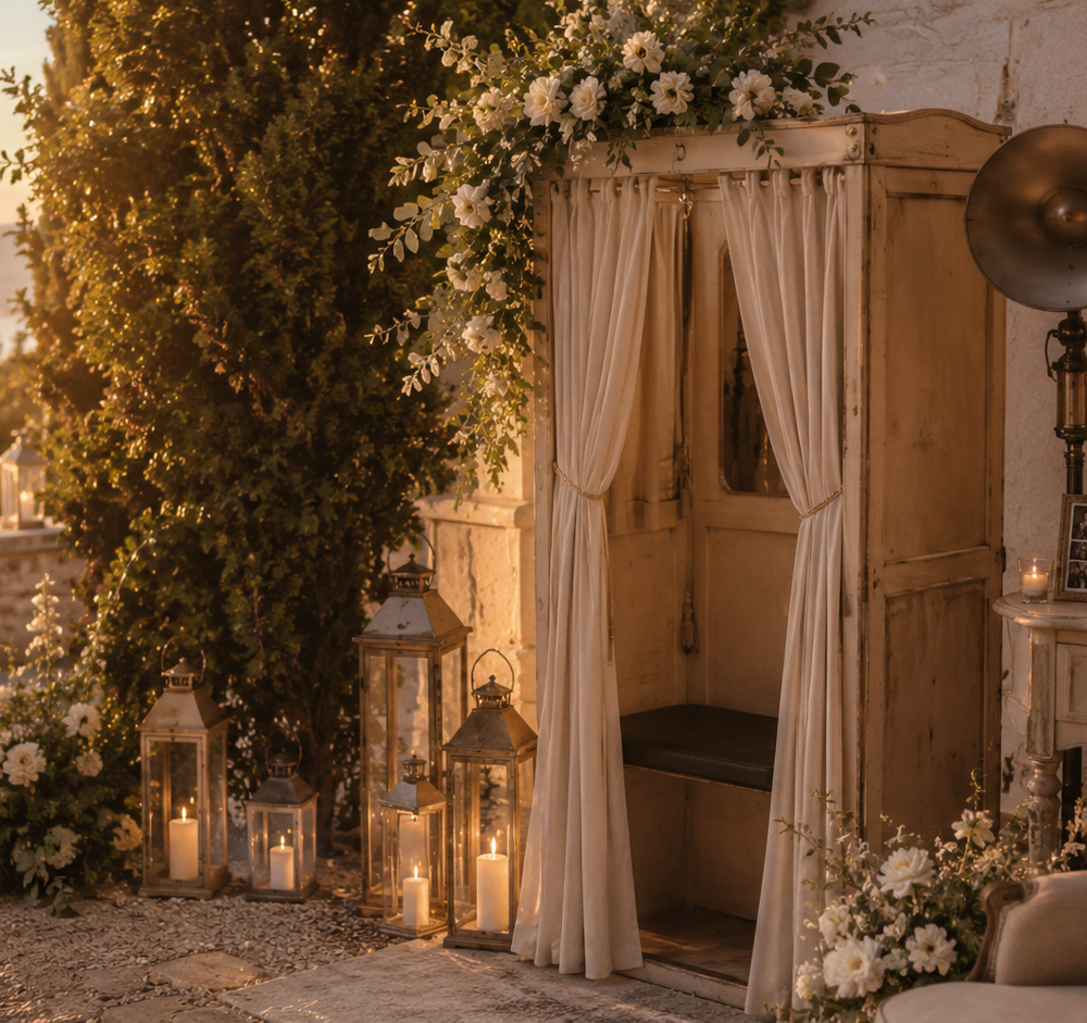 b42dab81-eeaa-4eb1-a2bb-d1f2de5fcf16 Esquina decorada con un cabina vintage, flores blancas y linternas, ideal para una ceremonia de boda.