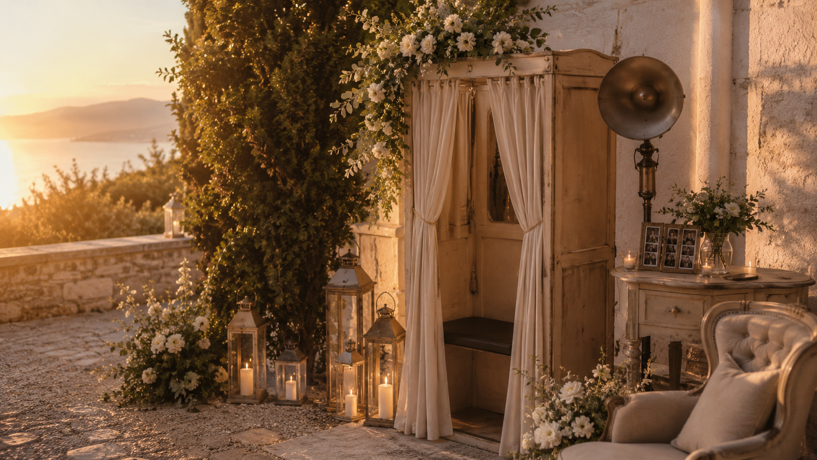 Esquina decorada con un cabina vintage, flores blancas y linternas, ideal para una ceremonia de boda.