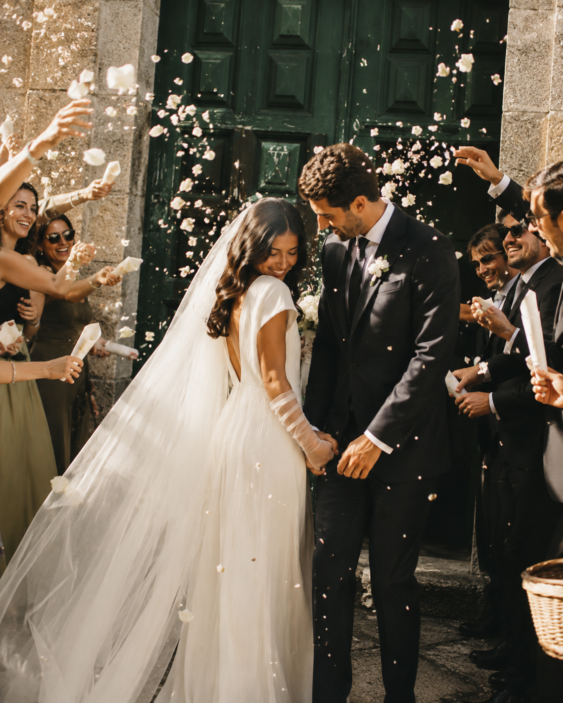 b95394a2-6adb-457e-9c6b-8e2cc80d26ea Pareja saliendo de la ceremonia, rodeada de invitados lanzando pétalos de flores. Ella lleva un vestido de novia.