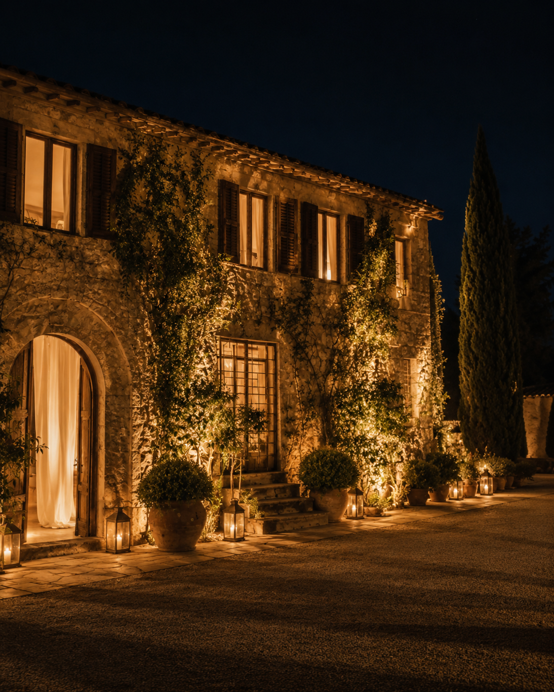 beacb96d-ee61-44fd-884a-1ac801b7c79f Finca iluminada por la noche, con vegetación y detalles decorativos, ideal para celebraciones de bodas.