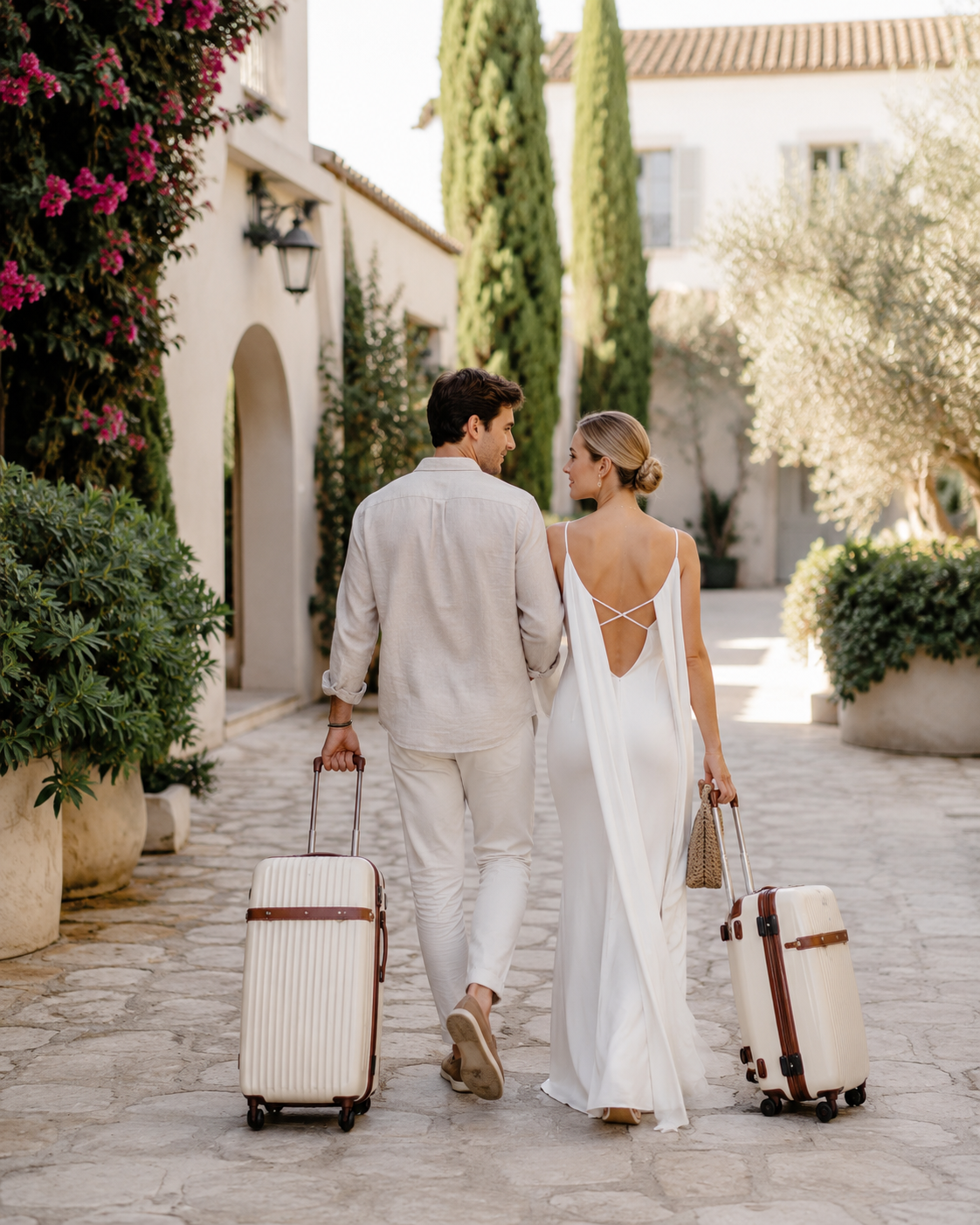 c0f52c43-83d2-42ee-bac1-4686e1a6c5d4 Pareja caminando con maletas, ella viste un elegante vestido de novia en un entorno mediterráneo.