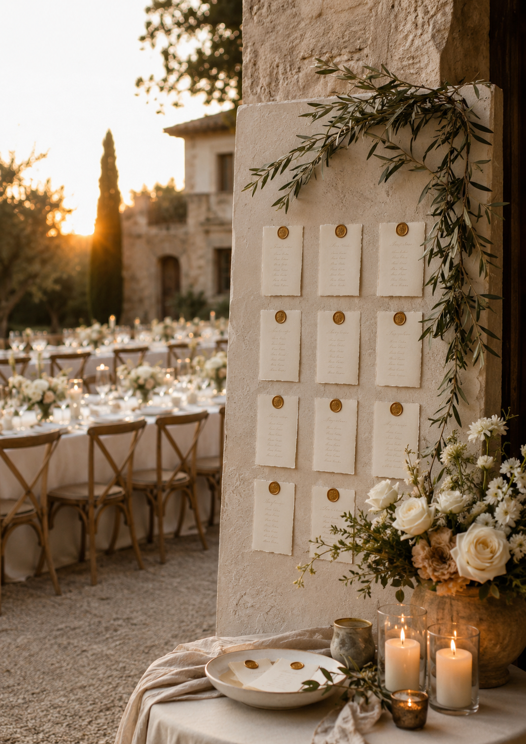 c3959959-0d4c-42c0-a093-8da56f454e16 Decoración con tarjetas de asignación de mesas y un arreglo floral en un ambiente cálido de ceremonia al atardecer.