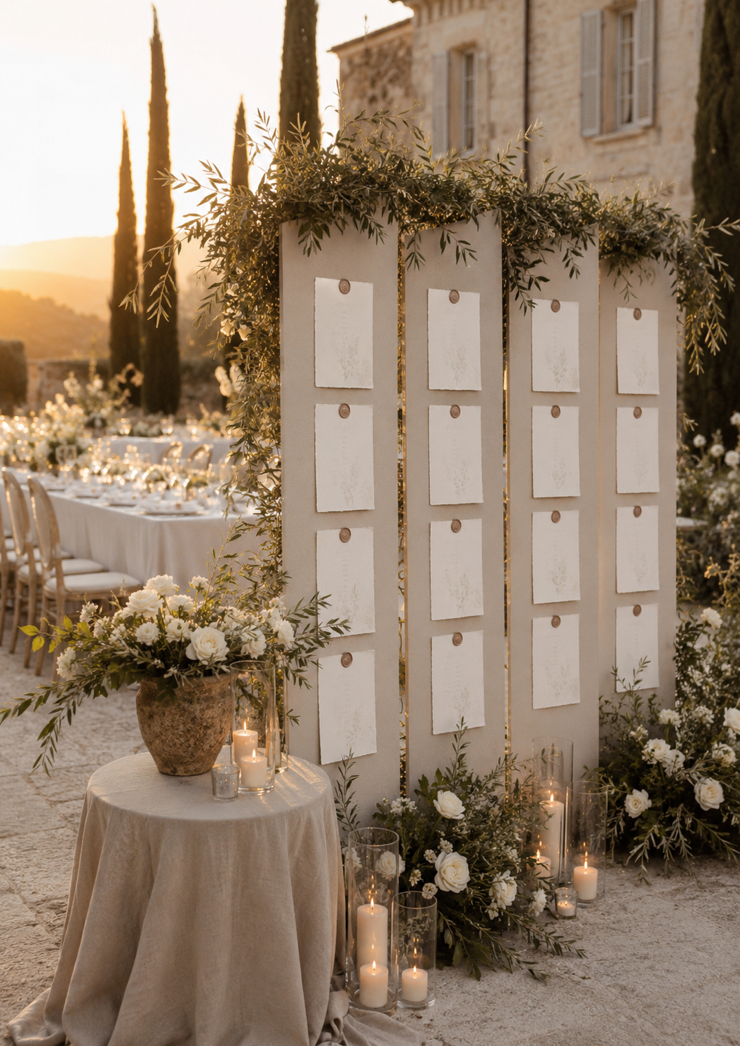 c679022f-8c29-4060-aacf-8c4df006a750 Mesa de dulces decorada con flores y un panel de seating plan en un entorno romántico al atardecer.