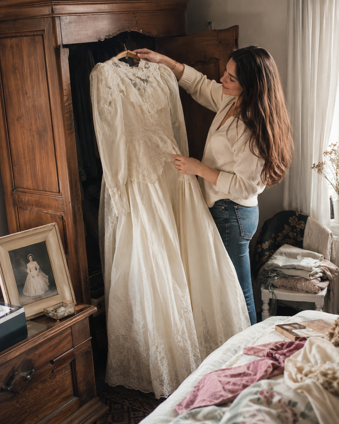 d147cb1d-3f54-4f28-9739-9404676ed640 Mujer sosteniendo un vestido de novia en una habitación con detalles vintage y recuerdos familiares.