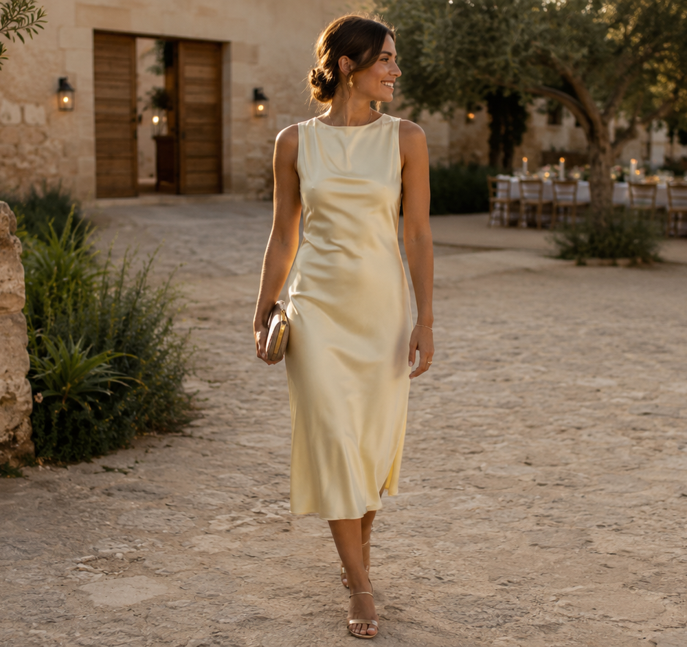 d5ad19f5-2641-420a-84fd-ad8d496ef15d Mujer sonriente con vestido amarillo satinado caminando por un camino de piedra, rodeada de naturaleza y decoración de boda.