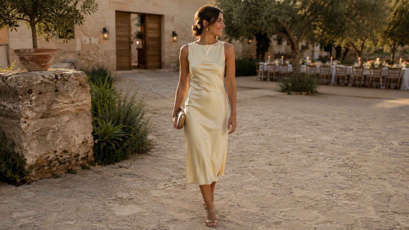 Mujer sonriente con vestido amarillo satinado caminando por un camino de piedra, rodeada de naturaleza y decoración de boda.
