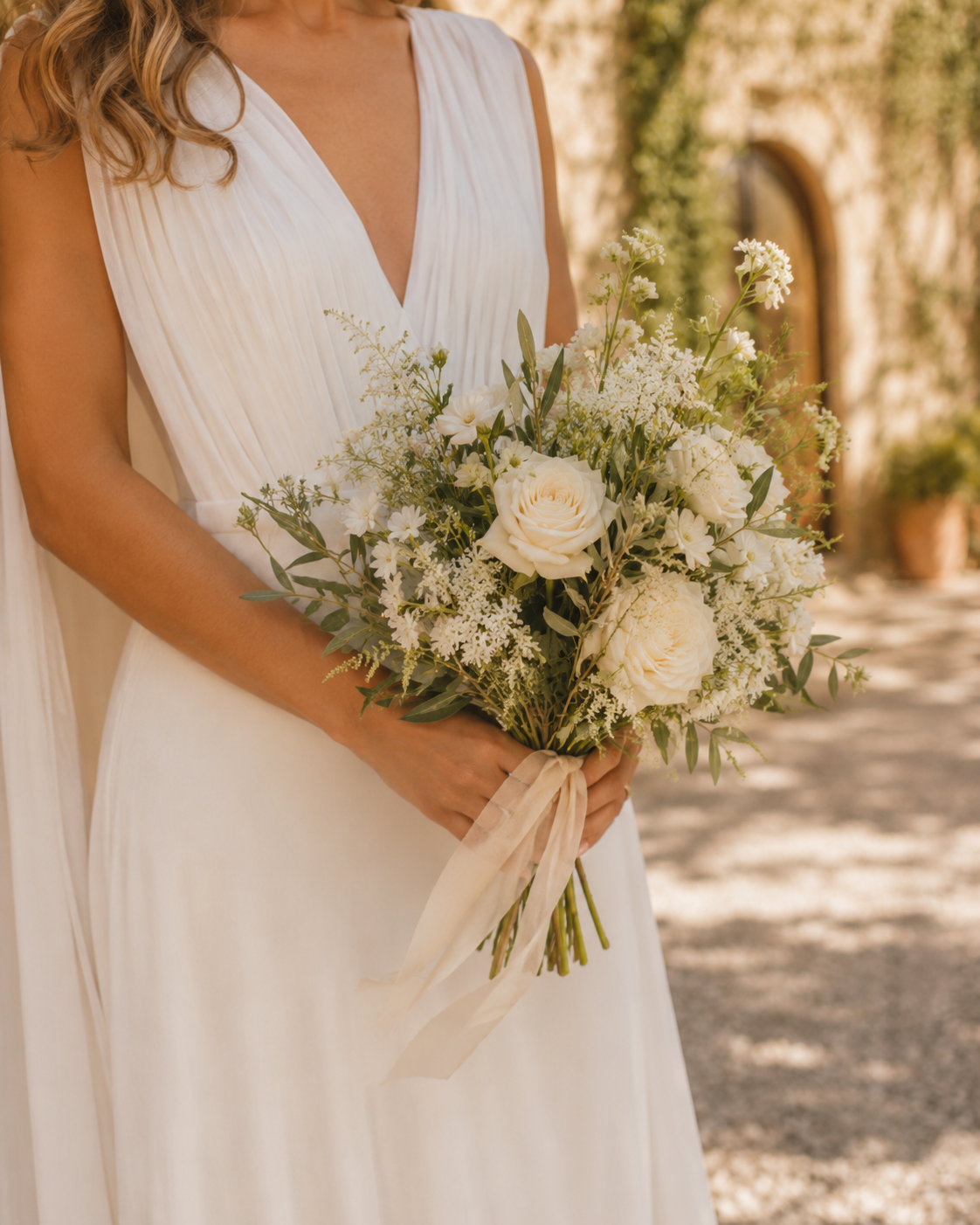 e9952c90-5d32-4f0b-82f2-3d70fc7d145f Novia sosteniendo un ramo de flores blancas, vestida con un elegante vestido de corte sencillo.