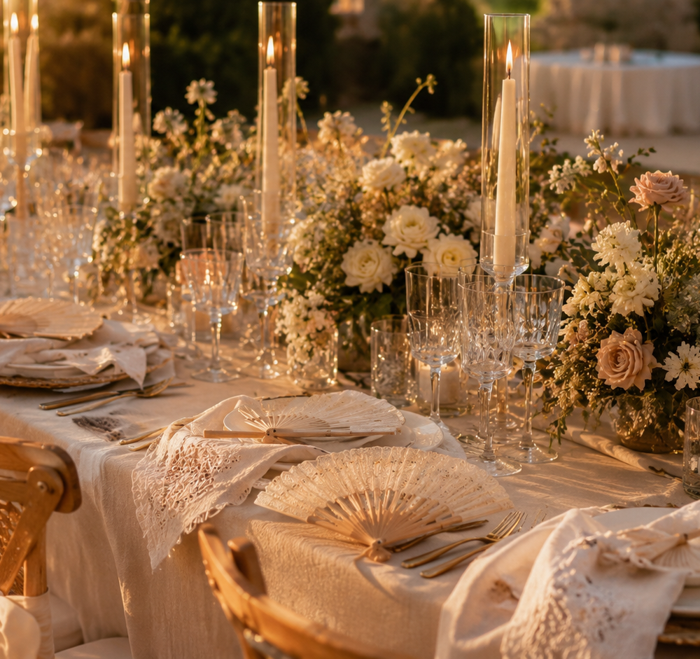f6241f3c-3fb0-41c1-b4e7-930d850170d5 Mesa elegantemente decorada con flores y candelabros, lista para la celebración de una boda.