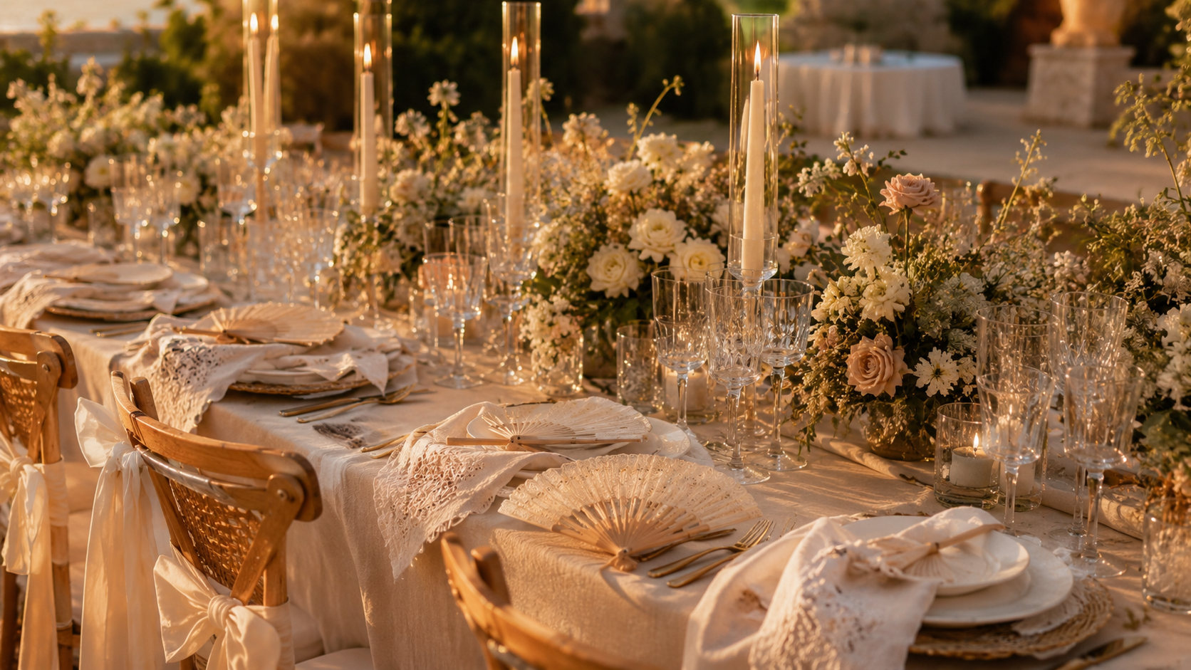 Mesa elegantemente decorada con flores y candelabros, lista para la celebración de una boda.
