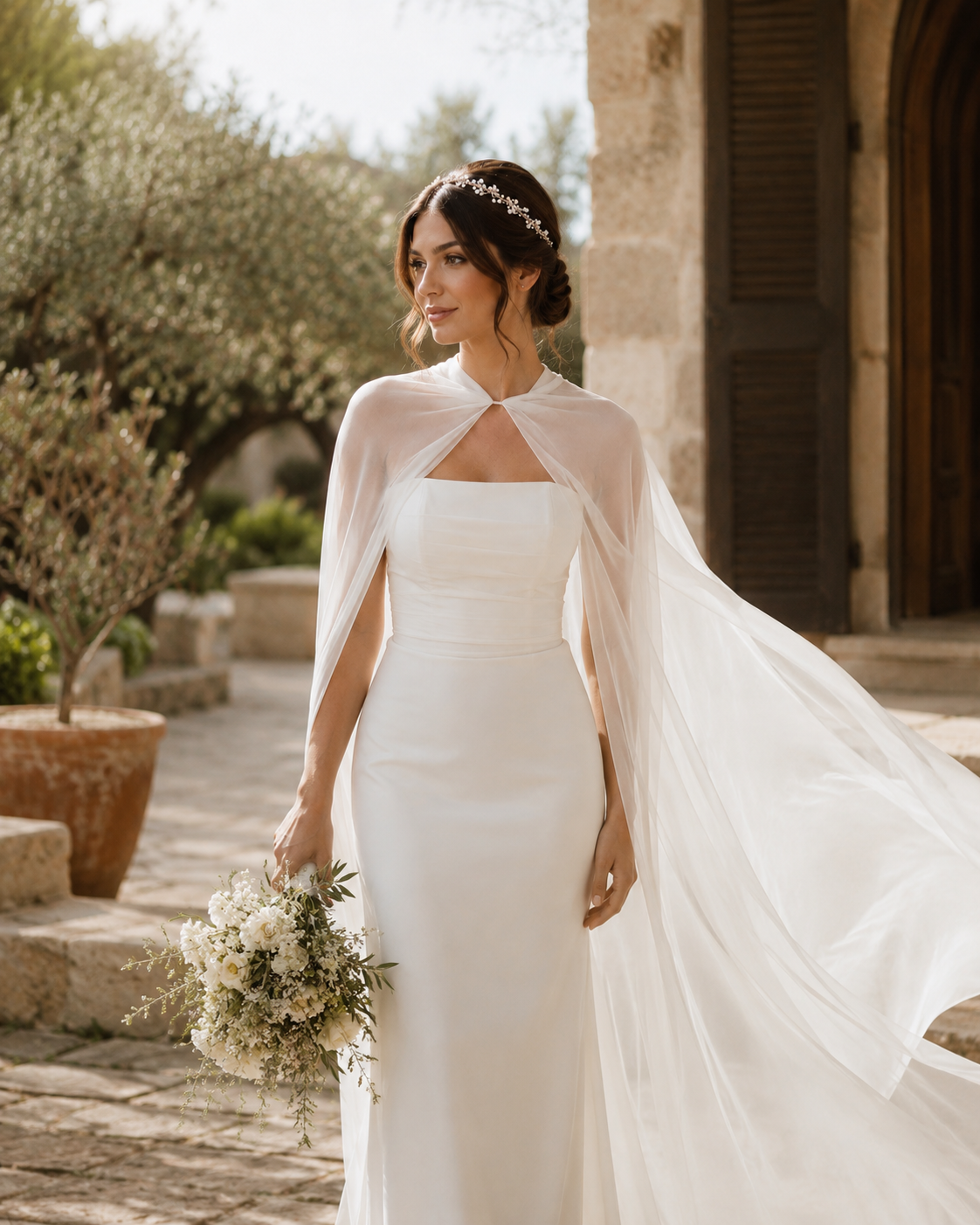 fdd11e8b-facf-4d37-bc1e-791a9baf1aca Novia con vestido ajustado y capa, sosteniendo un ramo, en un entorno natural y elegante.