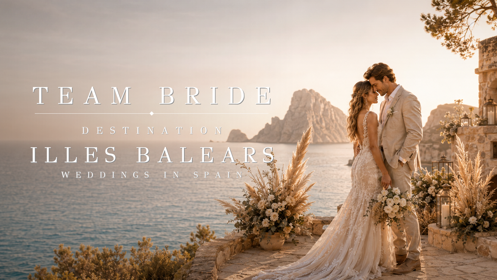 team_bride_destination_illes_balears Pareja de novios en un paisaje costero de Illes Balears, rodeados de decoración floral y luz dorada.
