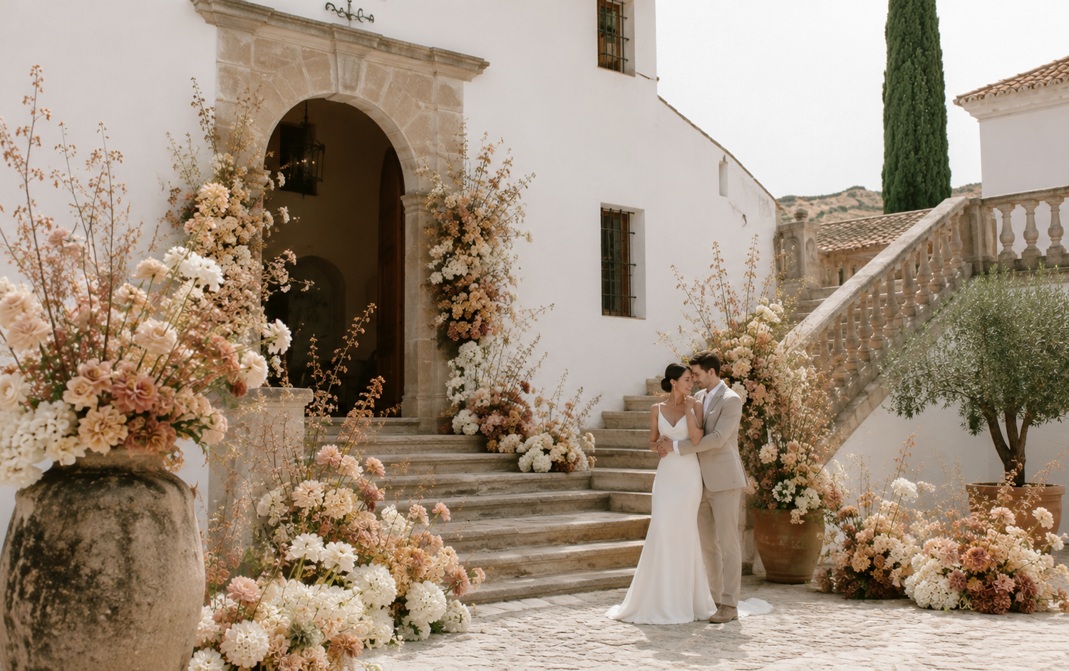 3092bac2-bdbf-4a96-a37b-93465d161a03 Pareja de novios abrazados frente a una casa blanca con escaleras decoradas con flores secas.