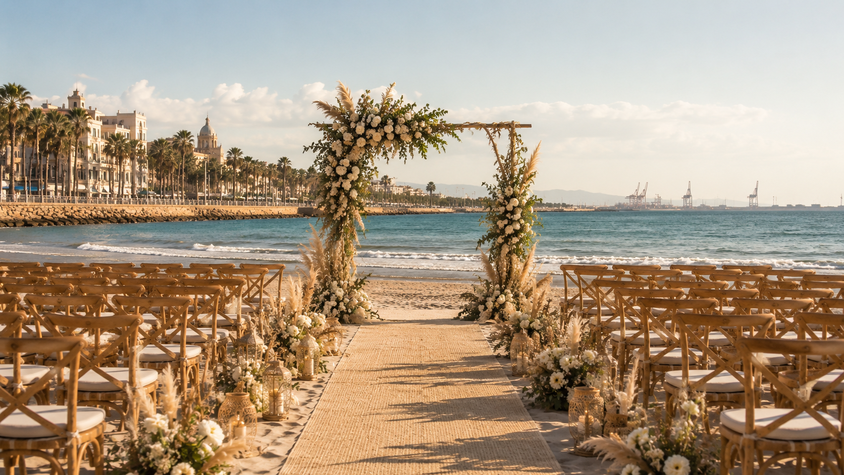34c04283-f714-4d02-beaa-aa6500bdcaaf Ceremonia de boda al aire libre frente al mar con decoración floral y sillas de madera en Valencia.