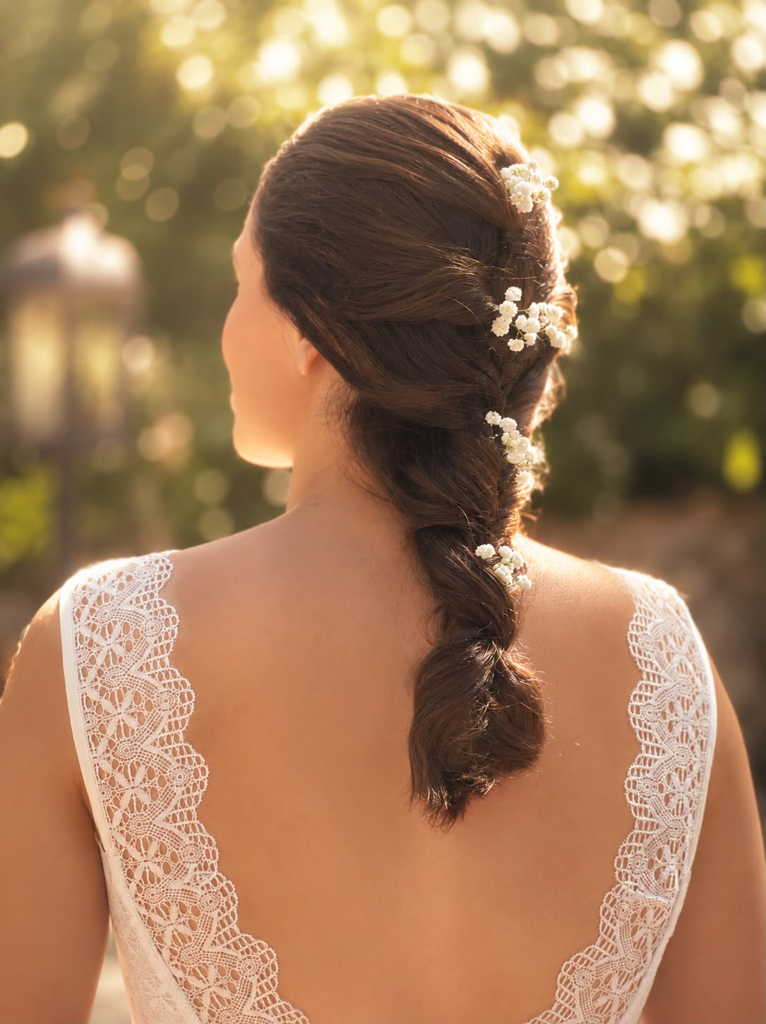 PHOTO-2026-07-13-13-30-36 Peinado trenzado con detalles florales en cabello castaño de novia con vestido de encaje al aire libre.