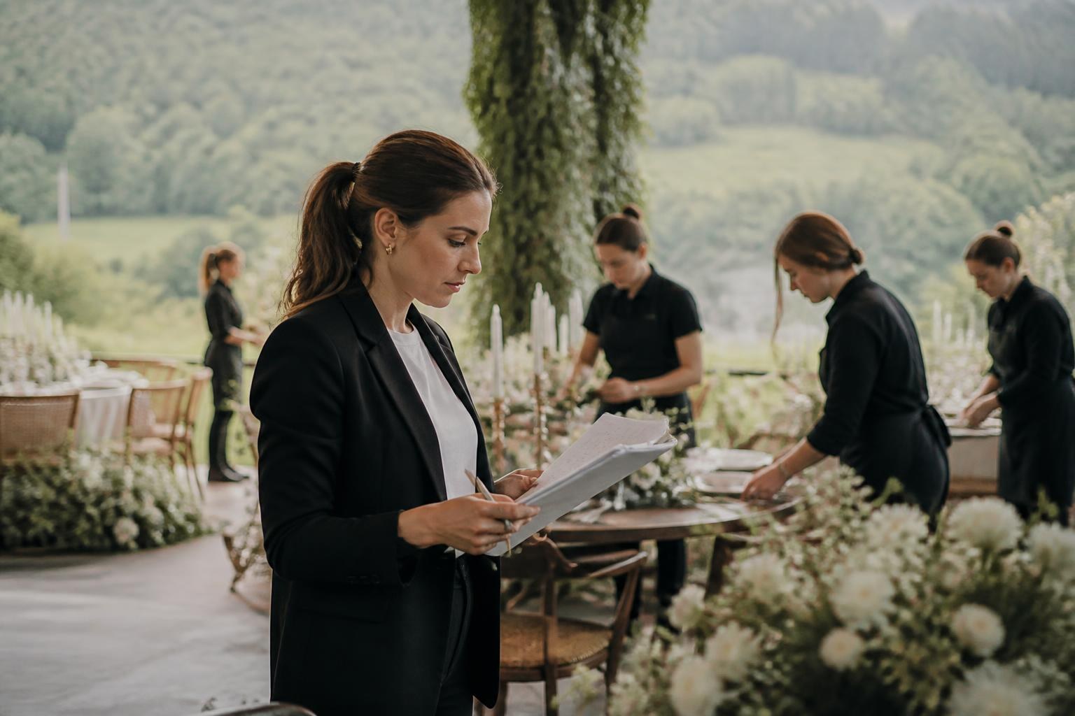 Wedding planner coordinando el montaje de una boda en una finca de Asturias