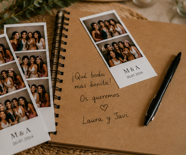 Álbum de recuerdos de boda con tiras de fotos impresas de un fotomatón